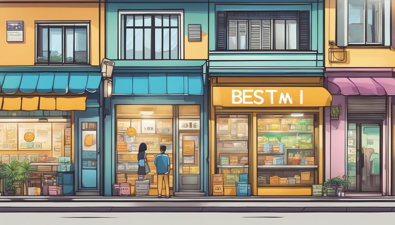 A vibrant storefront with a bold sign "Best Licensed Money Lender in Kranji" stands out against the backdrop of the bustling street, drawing in potential customers with its professional and trustworthy appearance