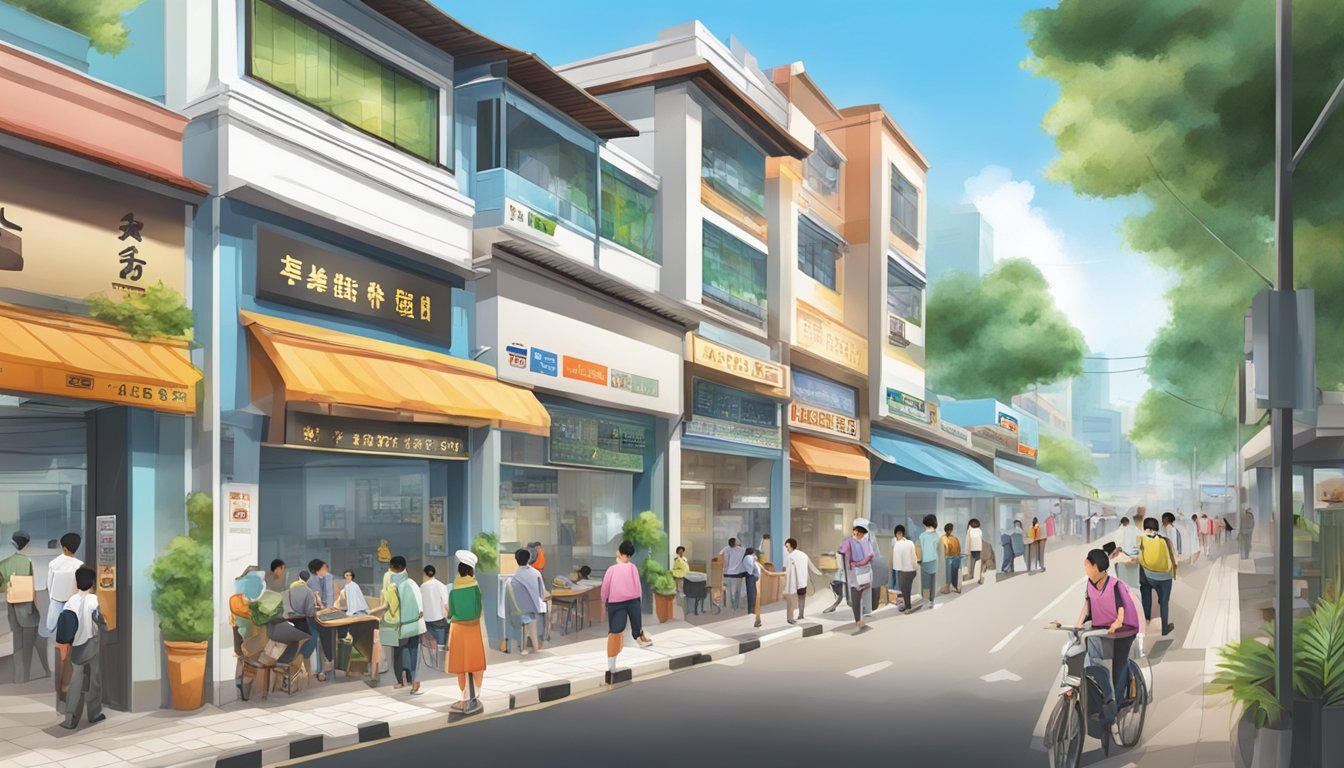 A bustling street in Kranji, with a prominent sign for the "Best Licensed Money Lender" and a steady stream of customers entering and exiting the establishment