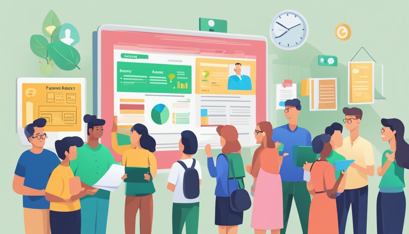 A colorful signboard with "Frequently Asked Questions Best Licensed Money Lender in Kranji" displayed prominently, surrounded by a diverse group of people seeking financial assistance