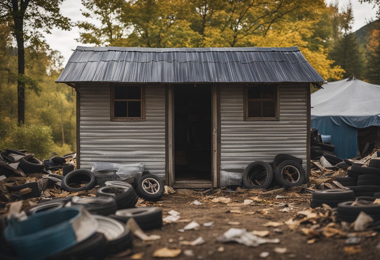 A small, simple house with a corrugated metal roof, patched with tarps and old tires. Nearby, a pile of discarded shingles and scraps