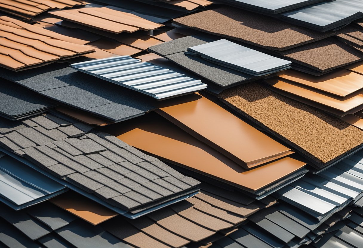 A pile of common affordable roofing materials, including asphalt shingles, metal sheets, and clay tiles, arranged neatly on a flat surface