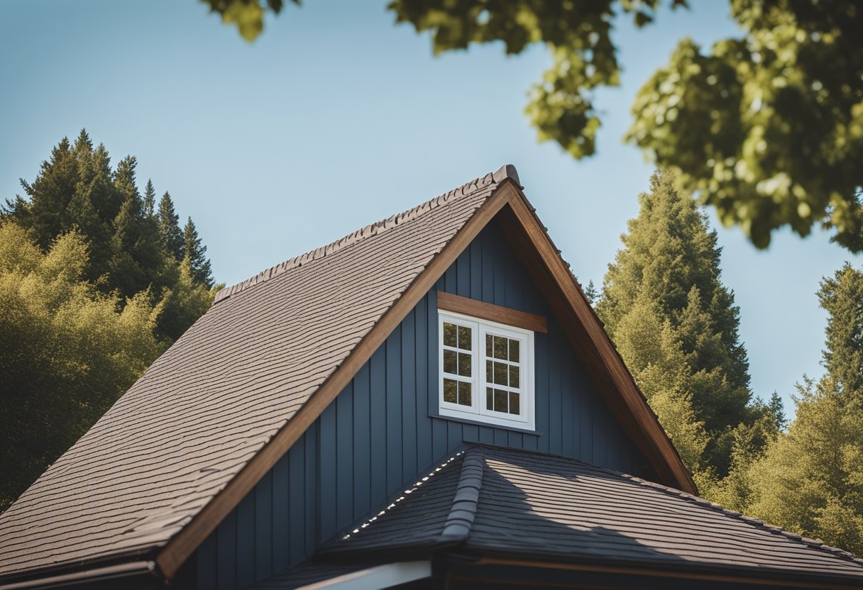 A house with a simple, sloped roof made of affordable materials like asphalt shingles or metal sheets. Surrounding trees and a clear sky indicate a peaceful, suburban setting