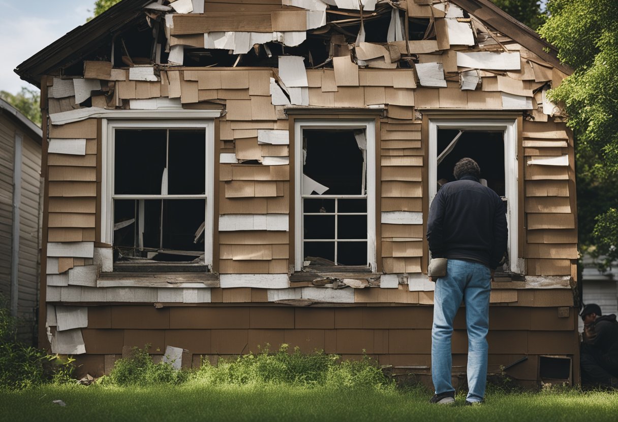 A house with damaged siding, some areas cracked and peeling, while others show signs of rot. A person evaluating the condition, pondering whether to repair or replace