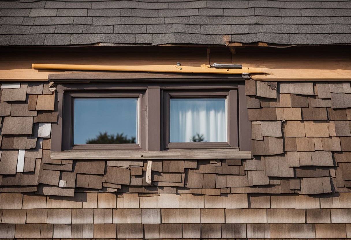 A house with worn and damaged siding, surrounded by various siding materials and tools. A repair vs replace debate