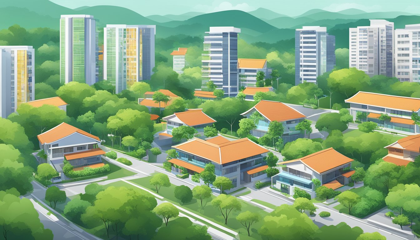 A serene neighborhood near Sembawang with a licensed money lender's office, surrounded by lush greenery and modern buildings