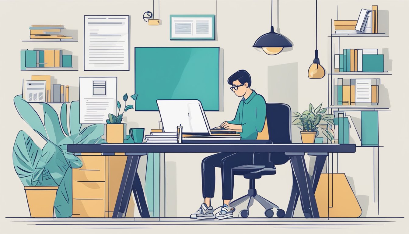 A person sitting at a desk, surrounded by paperwork and a laptop, appearing thoughtful and contemplative while considering borrowing from a licensed money lender near Sembawang