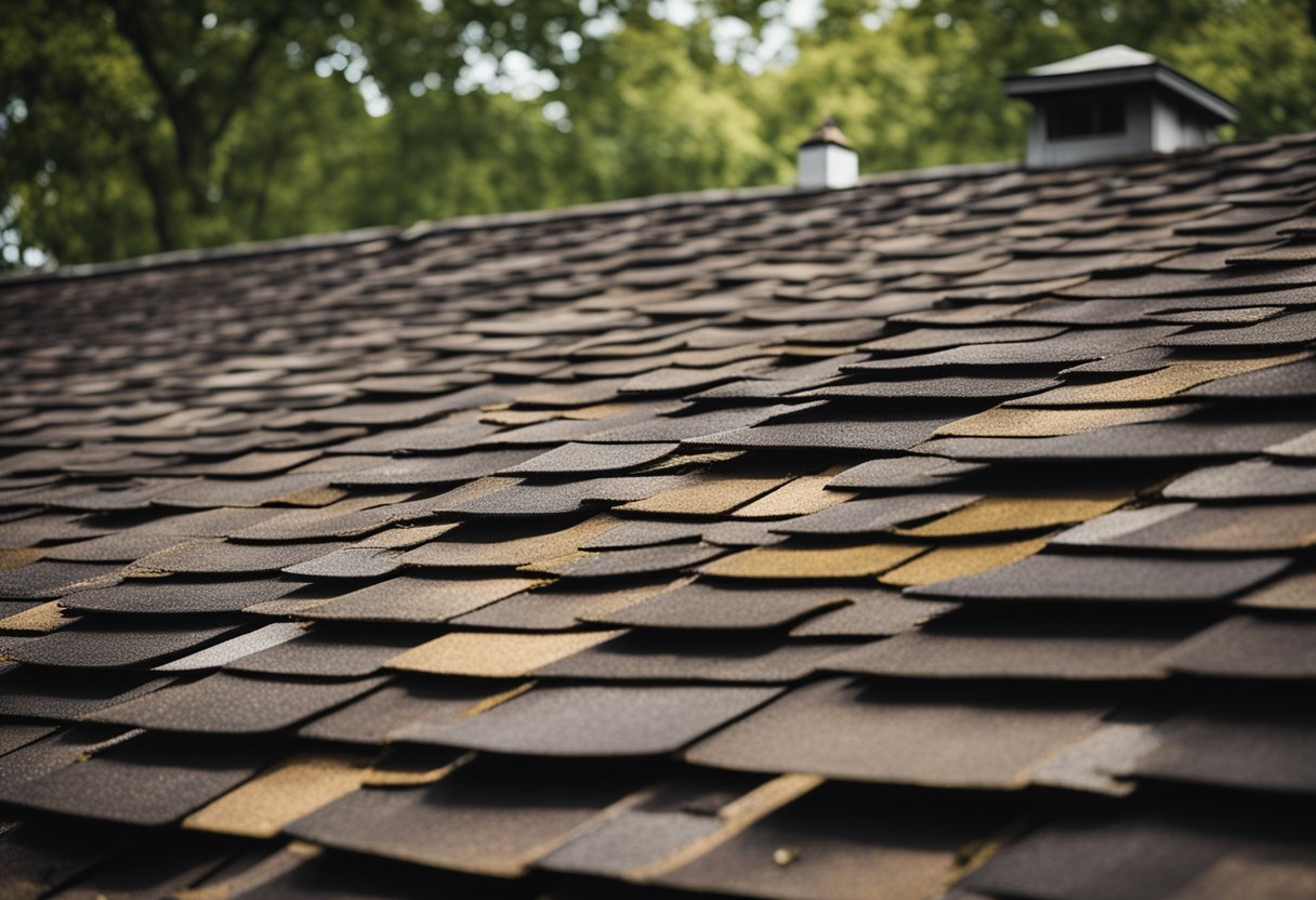 A roof stands weathered and aged, with patches of worn shingles and signs of decay. Surrounding trees and buildings hint at the passage of time