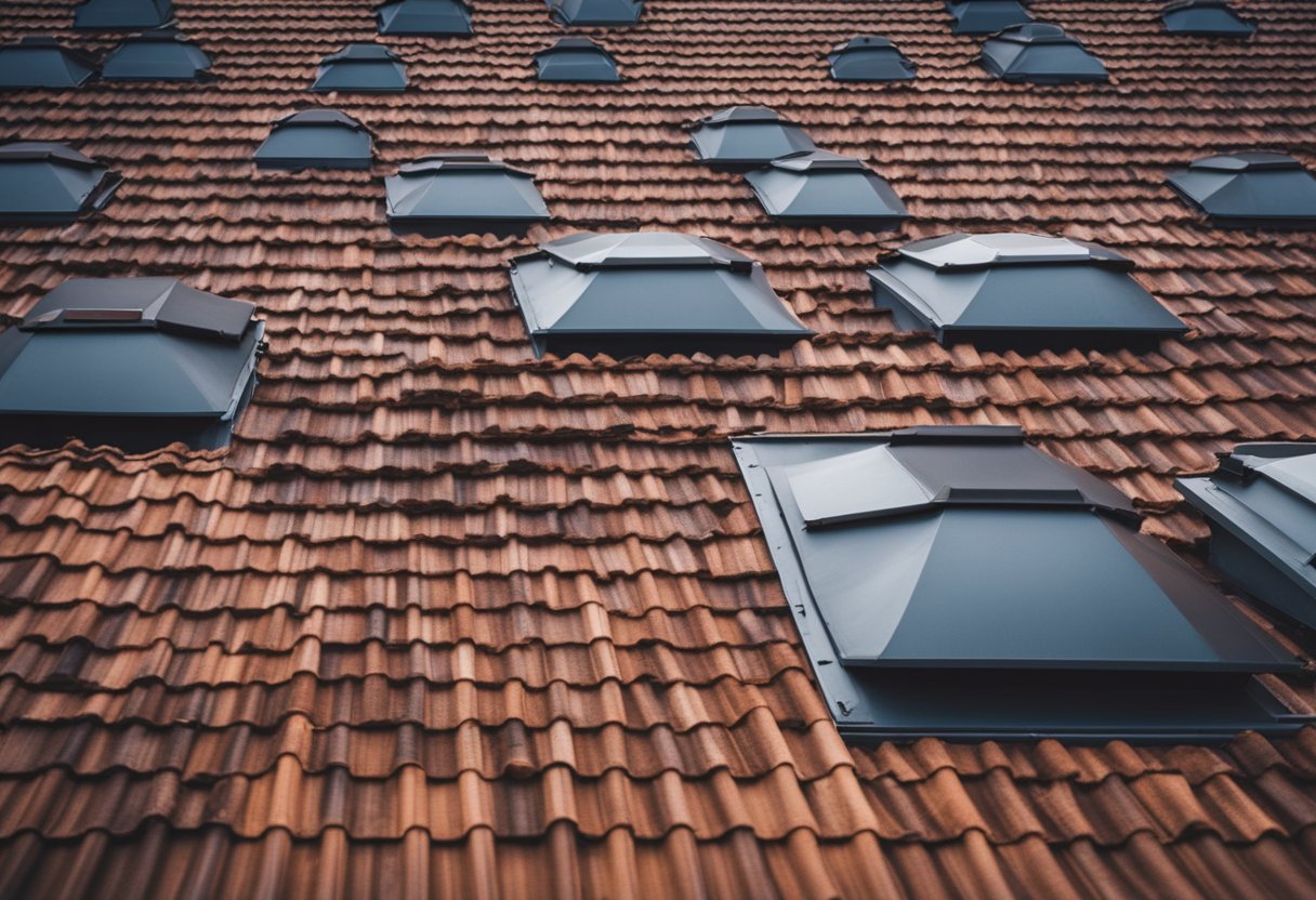 A roof with various elements such as weather, material, and maintenance surrounding it, indicating factors that influence its lifespan