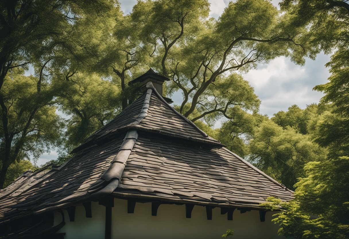 A sturdy roof with a weathered appearance, surrounded by trees and under a clear sky