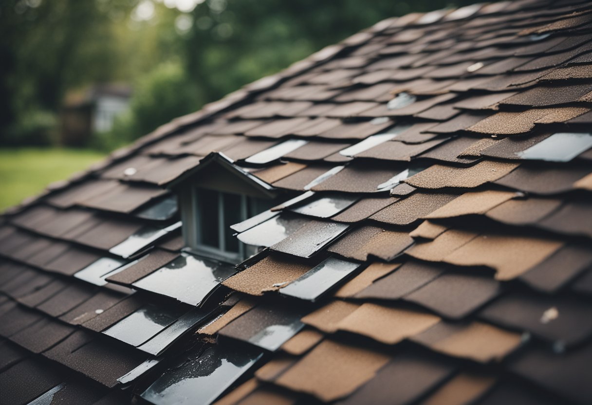 A house with a damaged roof, shingles missing, and water leaking inside