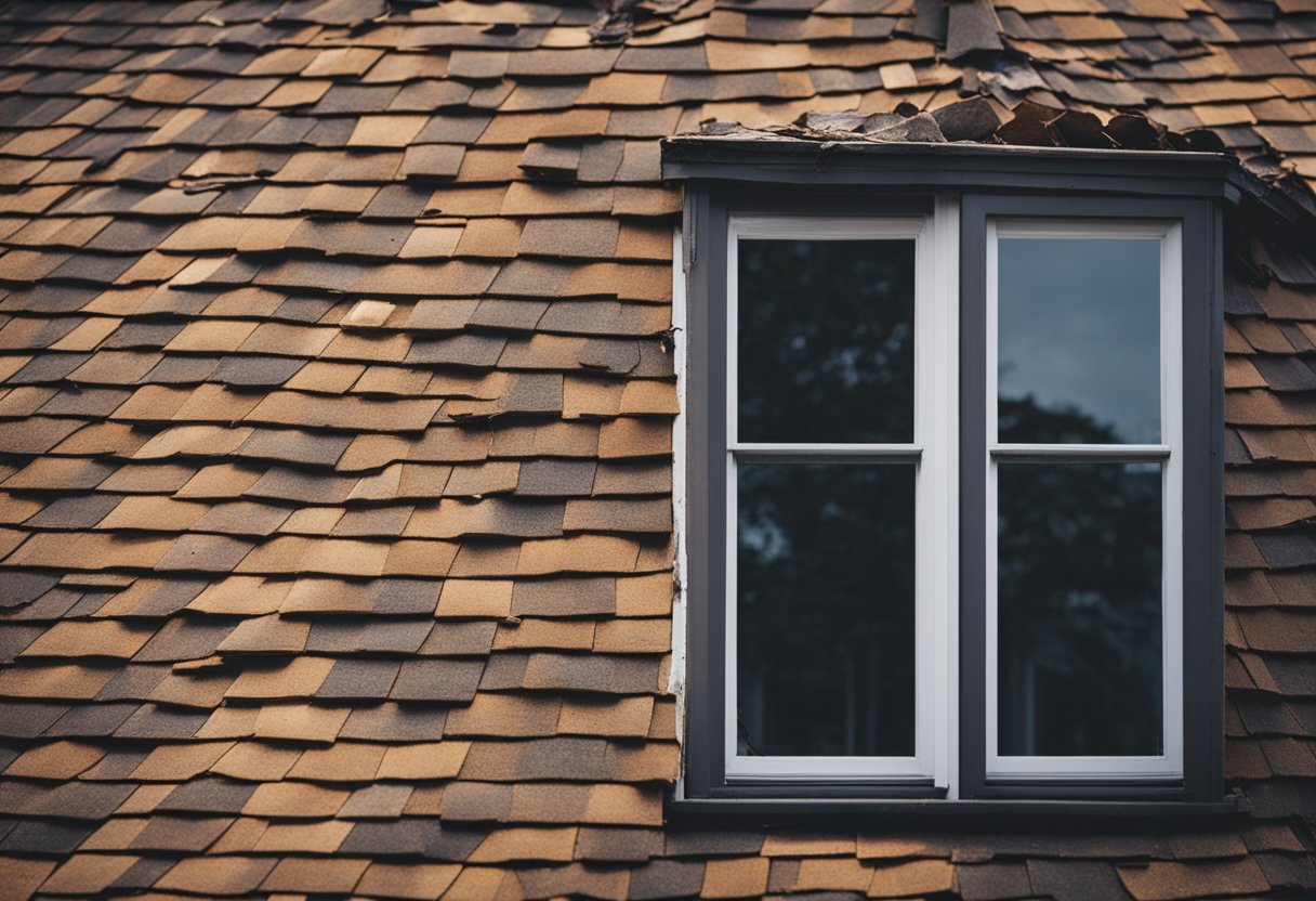 A house with missing shingles, water stains on the ceiling, and visible signs of deterioration