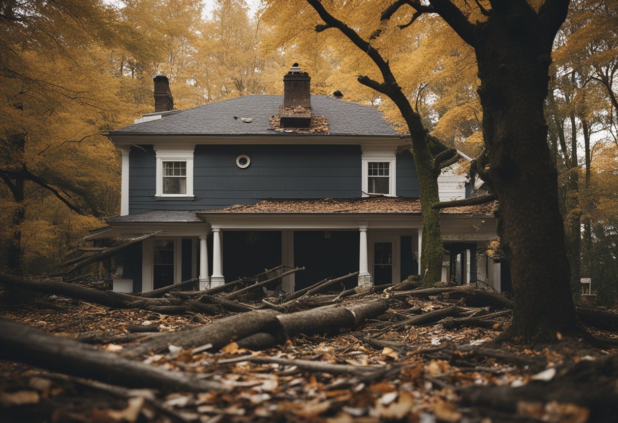 A house with missing shingles and water stains on the ceiling, surrounded by fallen tree branches and debris