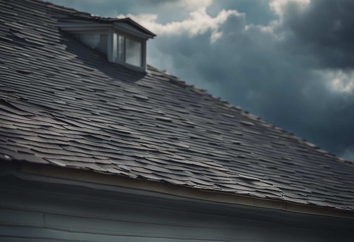 Dark clouds loom over a sagging, discolored roof. Shingles are missing, and water stains mark the ceiling. Gutters overflow with debris