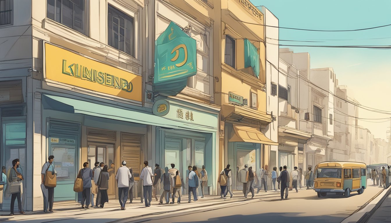 A bustling street near Khatib, with a prominent sign for a licensed money lender. People are seen entering and exiting the building, indicating its popularity and trustworthiness