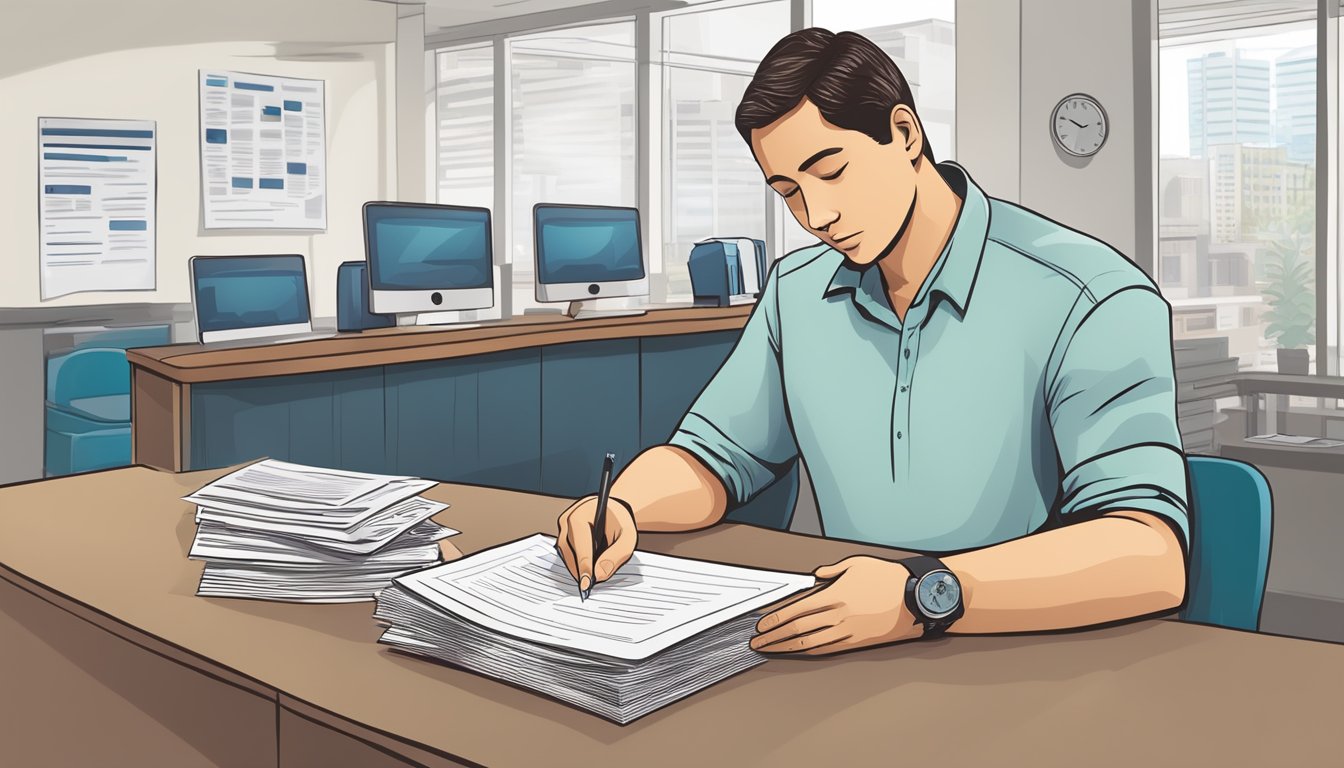 A person carefully reviews loan terms and conditions at a licensed money lender's office near Khatib. The lender's signage and a stack of paperwork are visible