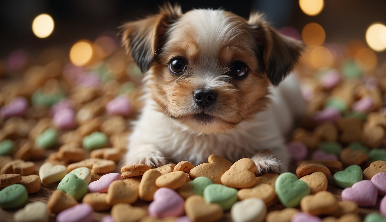 A small dog eagerly sniffs at a pile of tiny, heart-shaped treats. The treats are colorful and look delicious, making the dog's tail wag with excitement