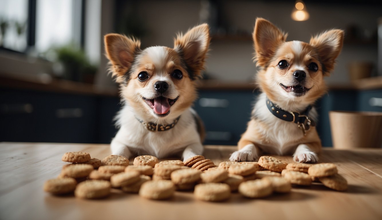 A small dog happily munches on a variety of healthy treats, including small bones, chew sticks, and bite-sized biscuits