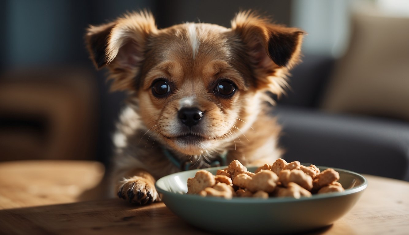 A small dog eagerly eats from a bowl of recommended treats, tail wagging