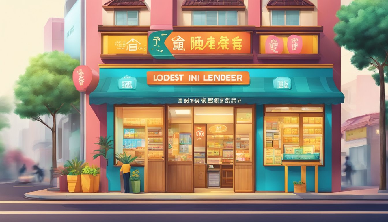 A vibrant storefront with a prominent sign reading "Best Licensed Money Lender in Yio Chu Kang." Bright colors and welcoming atmosphere