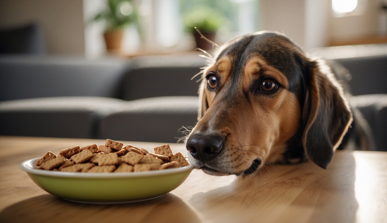 A dog with a wagging tail eagerly sniffing and devouring a bowl of hypoallergenic, grain-free dog treats for sensitive stomachs