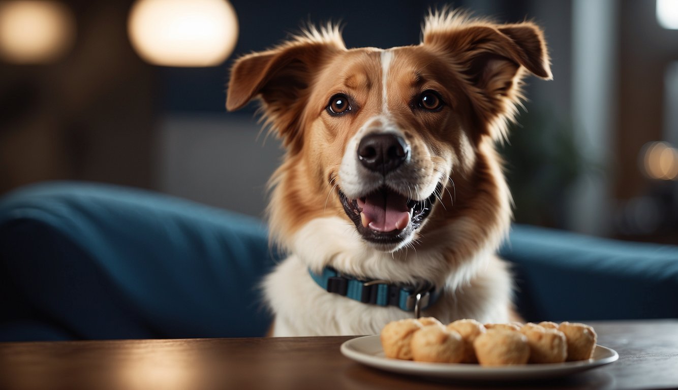 A dog with a sensitive stomach eagerly eats a hypoallergenic treat, with a contented expression and wagging tail