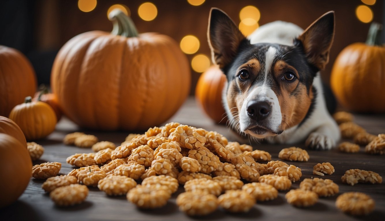 A dog sniffs various treats, including pumpkin and rice-based options, with a focus on digestive health