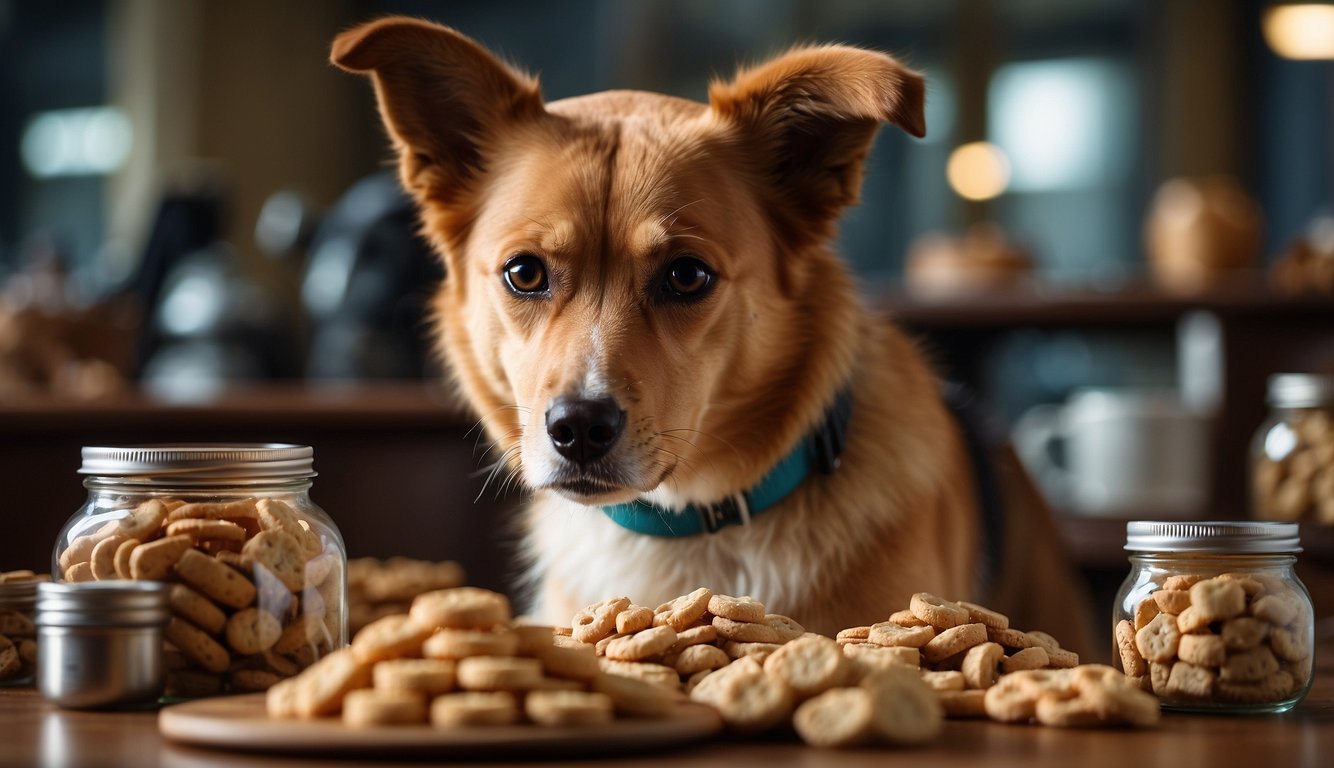 A dog with a concerned expression sniffs at a selection of dog treats, with a variety of options displayed on a table labeled "Top Treat Options for Sensitive Stomachs."