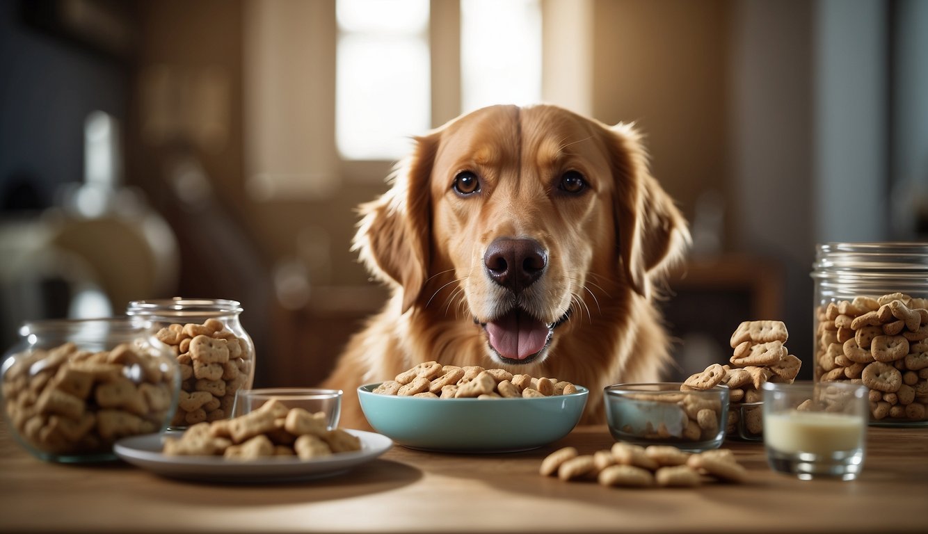 A dog happily eats a treat from a hand, surrounded by various dog treats and a bowl of water