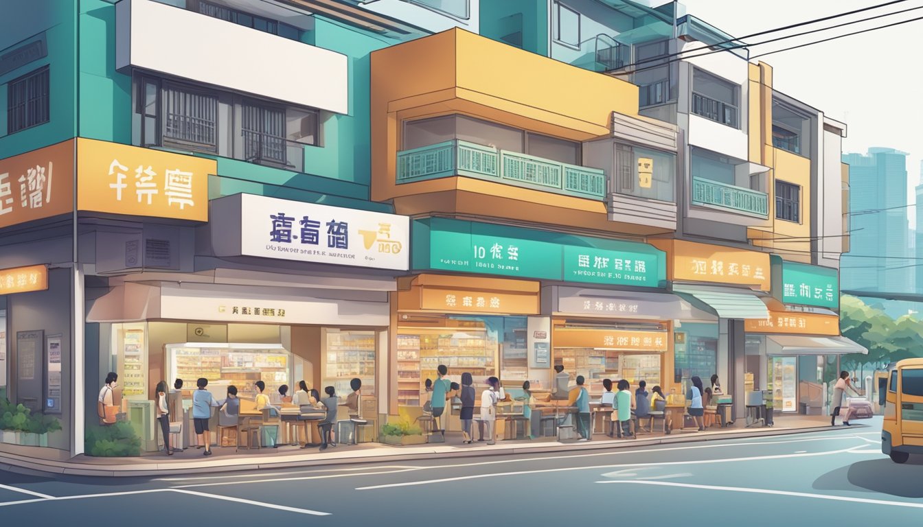 A bustling street in Yio Chu Kang with a prominent storefront labeled "Best Licensed Money Lender." Bright signage and a steady flow of customers