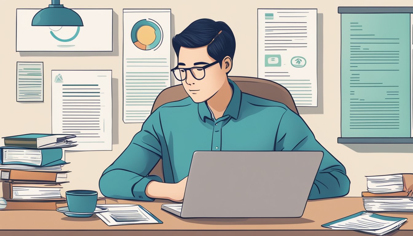 A person sitting at a desk, surrounded by paperwork and a laptop, carefully reading the terms and conditions of a loan agreement from a licensed money lender in Yio Chu Kang