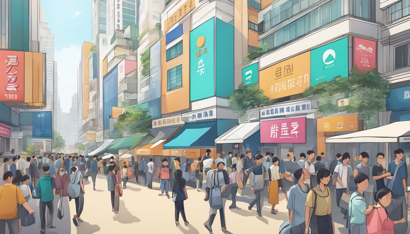 A bustling street near Admiralty with a prominent licensed money lender sign, surrounded by shops and people going about their day