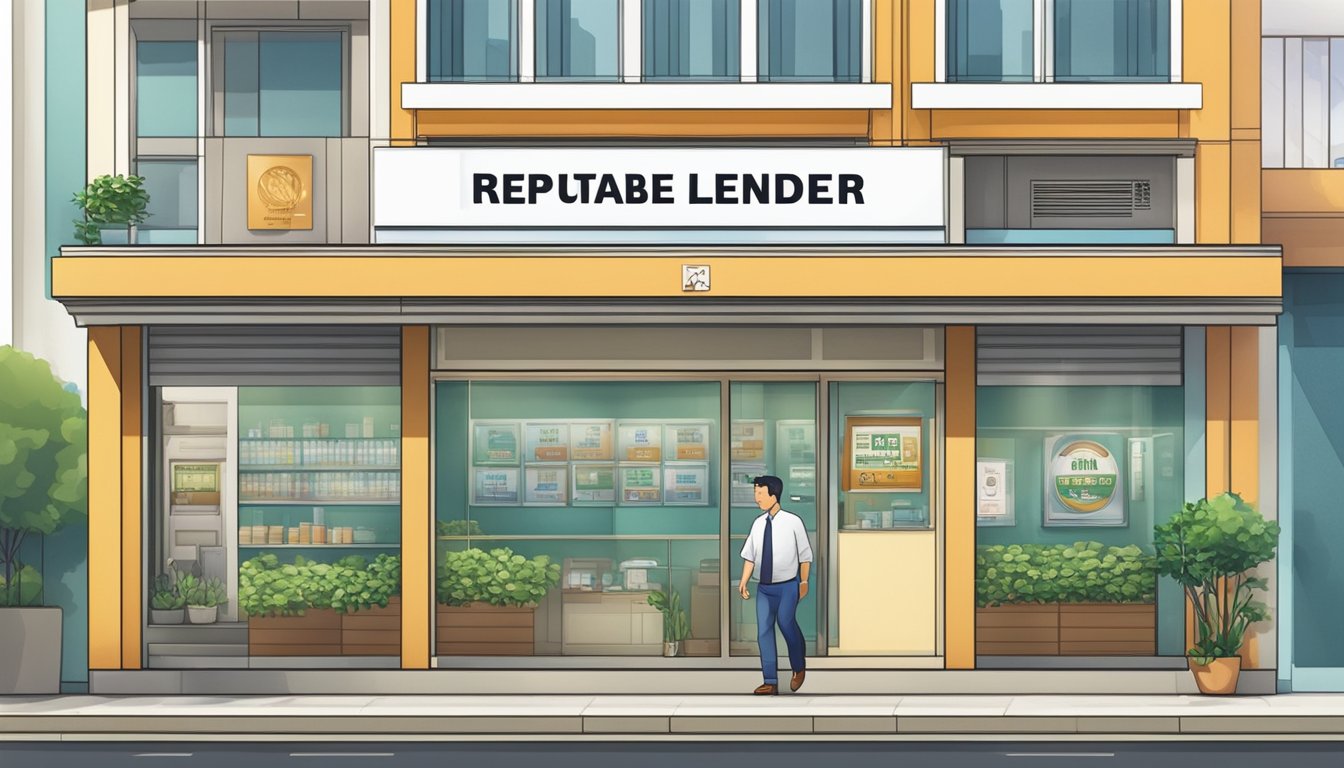 A storefront with a prominent sign reading "Reputable Licensed Money Lender" near Admiralty, Singapore. The building is clean and well-maintained, with a professional and trustworthy appearance