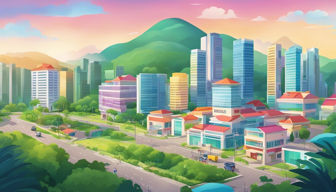 A serene landscape of Marsiling, Singapore with a prominent sign for the best licensed money lender. Vibrant colors and clear signage