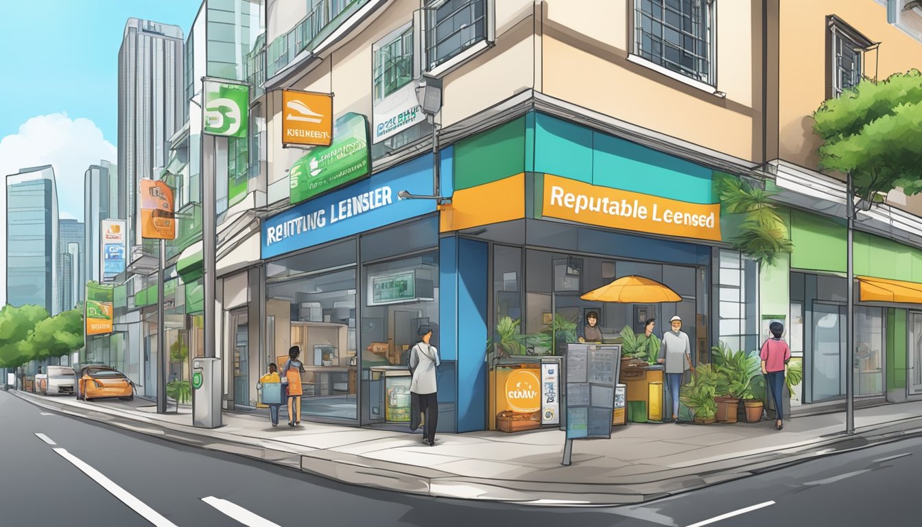 A storefront sign with "Reputable Licensed Money Lender" stands out in a bustling Marsiling neighborhood, with a prominent "Best Licensed Money Lender Near Marsiling Singapore" banner