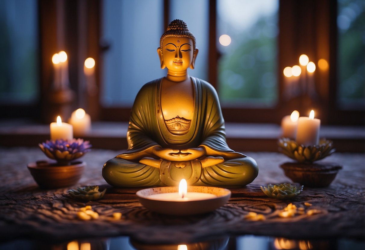 Third Eye Chakra Meditation: Unlock Your Inner Vision 2024 4 Third Eye Chakra Meditation: A serene figure sits in lotus position, surrounded by soft candlelight and burning incense. The room is filled with the gentle sound of flowing water and the faint scent of lavender