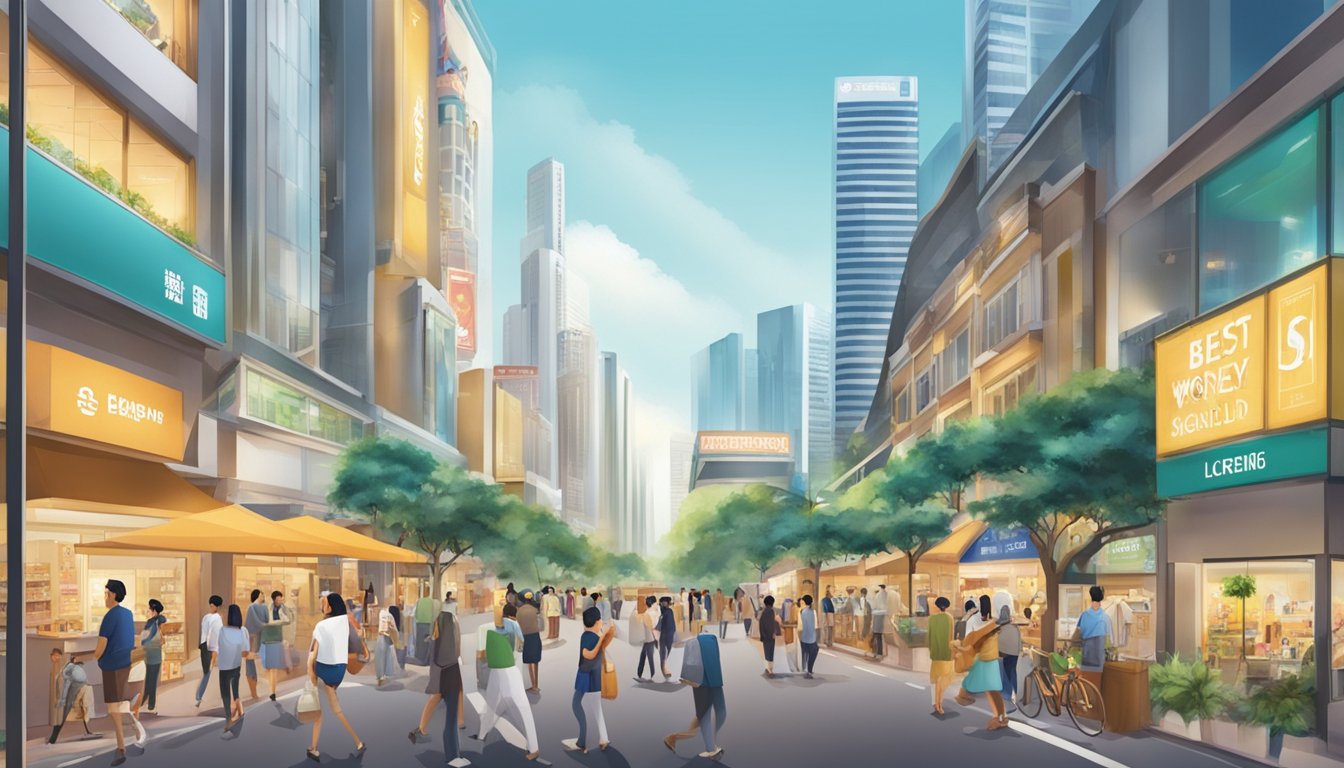 A bustling street near Great World Singapore with a prominent sign for the "Best Licensed Money Lender" amidst a mix of shops and pedestrians