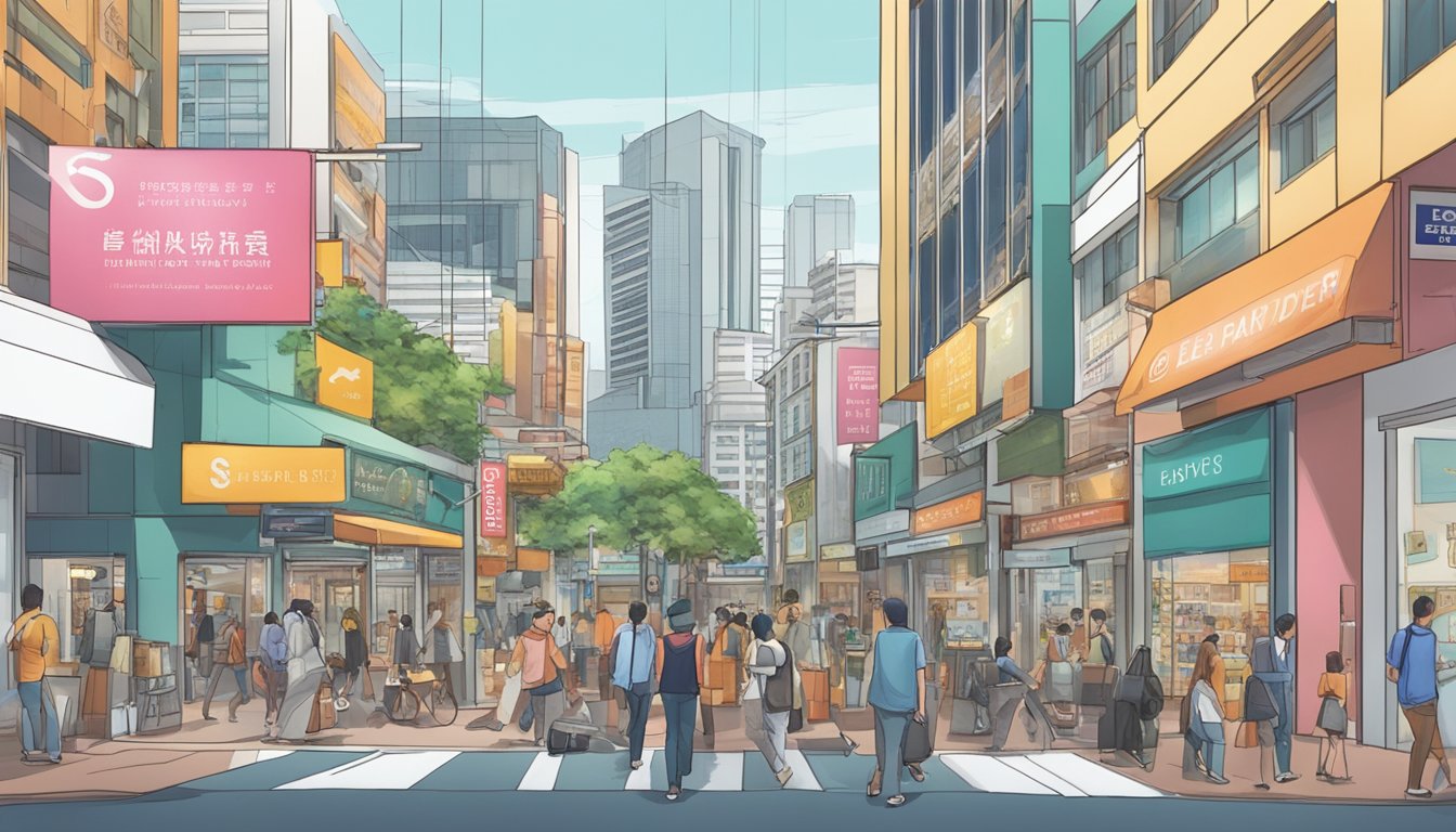 A bustling street in Canberra, Singapore, with a prominent sign for the "Best Licensed Money Lender" surrounded by diverse storefronts and passing pedestrians
