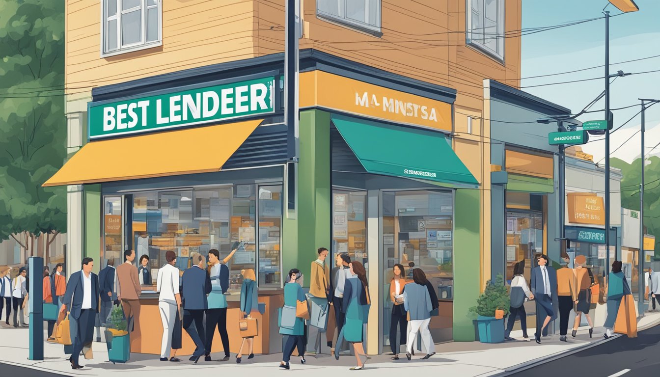 A bustling street near Canberra, with a prominent sign for the best licensed money lender. People are seen entering the establishment, indicating a busy and trusted financial service