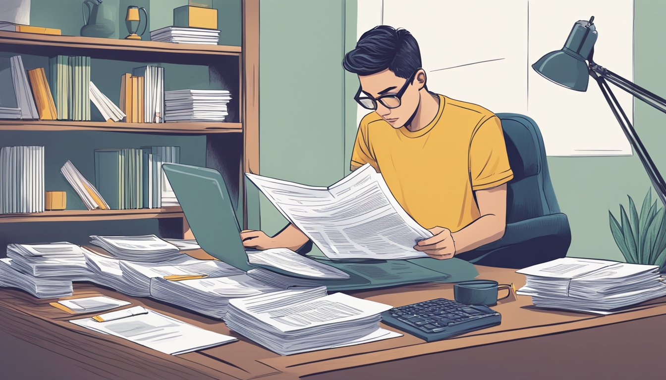 A person sitting at a desk, surrounded by financial documents and a laptop, carefully reading the terms and conditions of a loan agreement from a licensed money lender in Canberra, Singapore