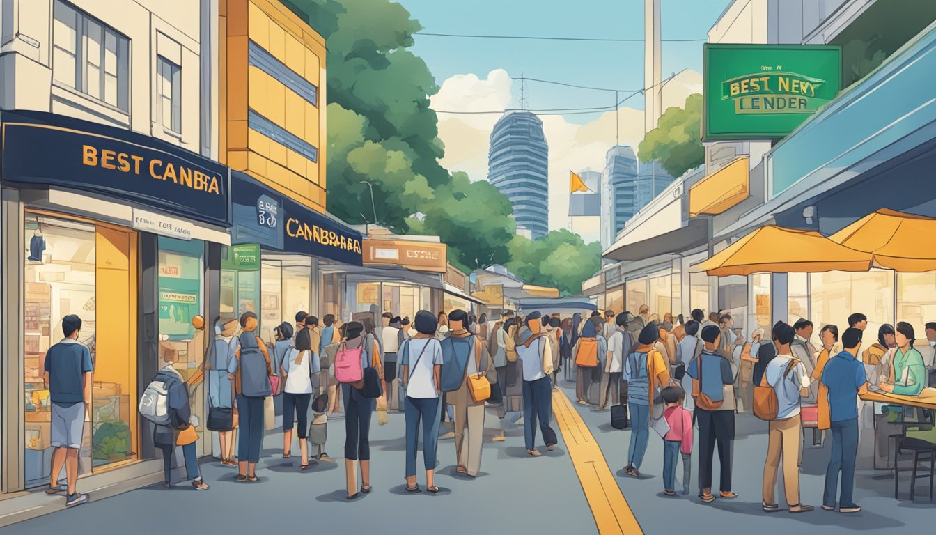 A bustling street in Canberra, Singapore, with a prominent sign reading "Best Licensed Money Lender Near Canberra" and a line of people waiting outside