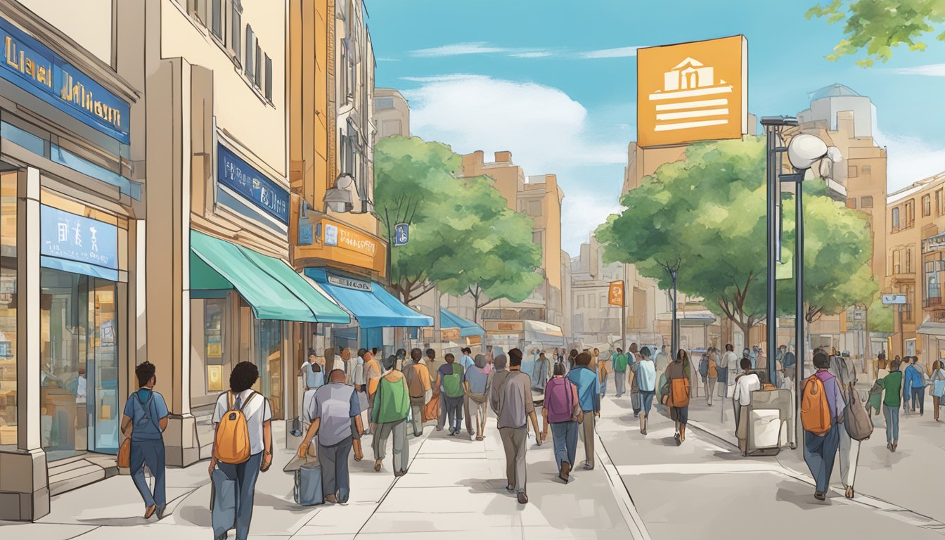 A bustling street near Great World, with a licensed money lender's sign prominently displayed. People walk by, some stopping to inquire about financial services