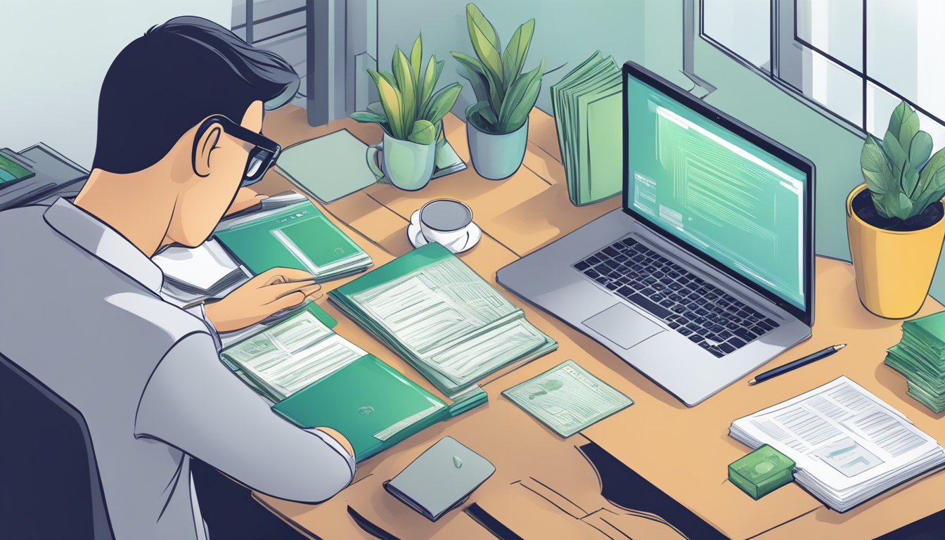 A person researching best licensed money lenders near Great World Singapore, with a laptop and financial documents spread out on a desk