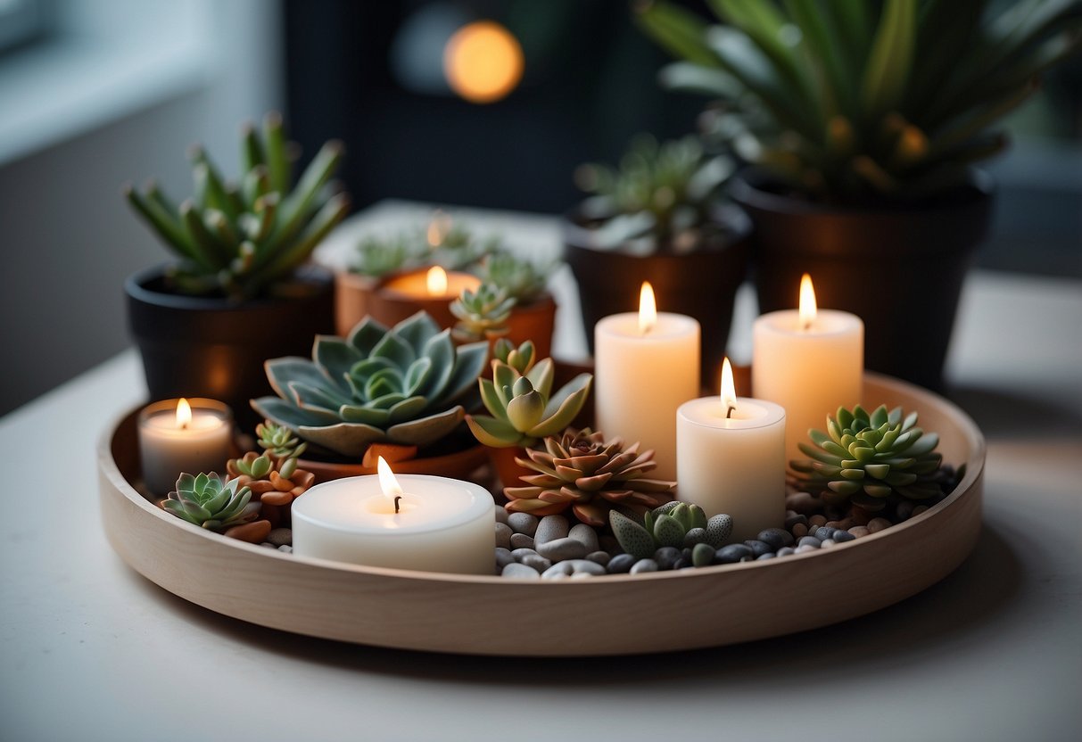 A tiered tray adorned with a variety of decorative items such as candles, succulents, books, and small sculptures, creating a visually appealing and organized display