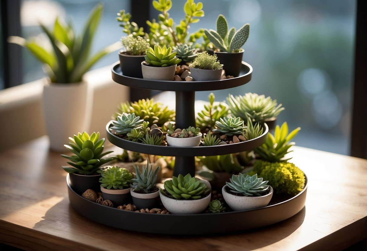 A tiered tray adorned with mini faux plants in various sizes and shades, arranged in a visually appealing manner