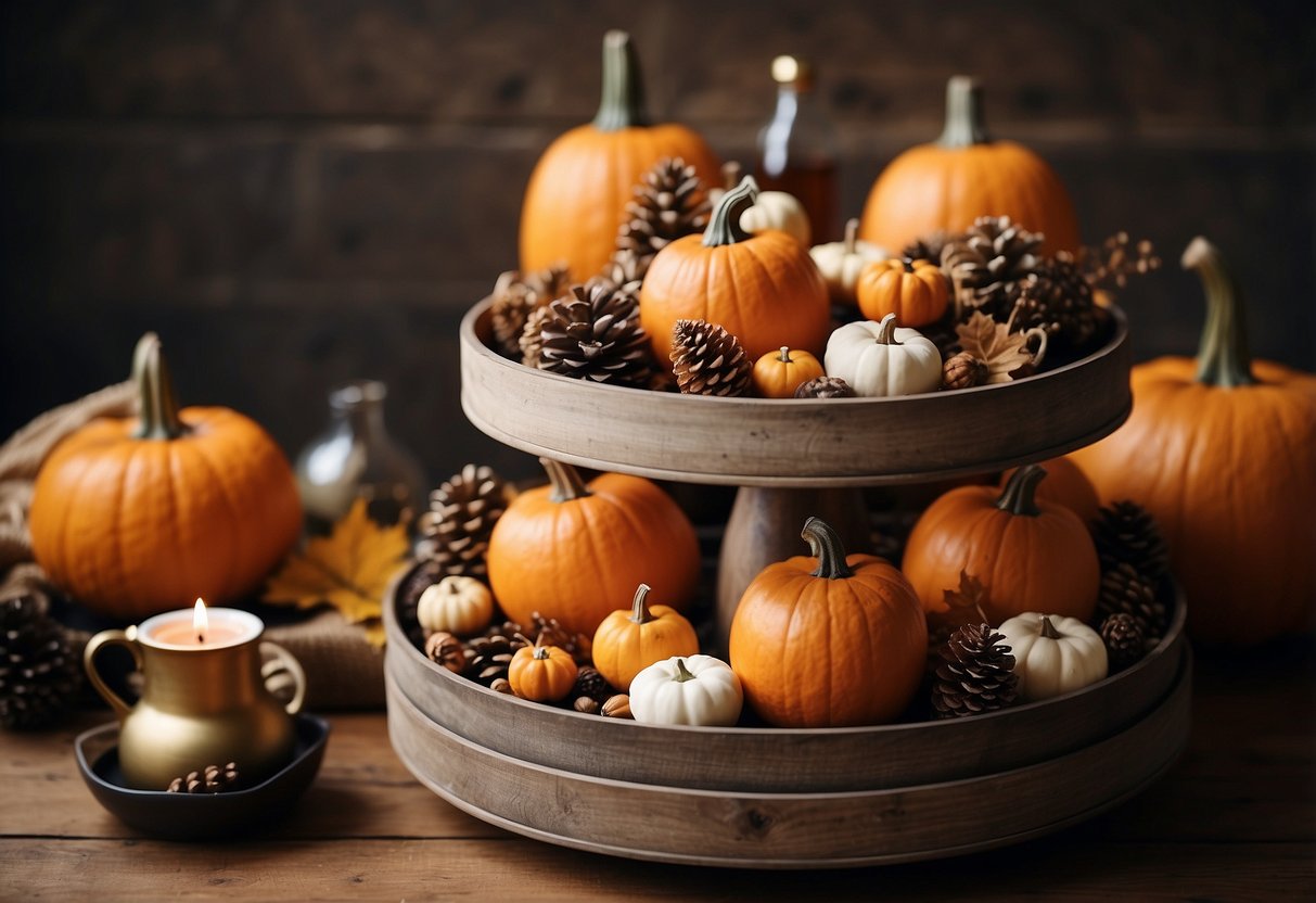 A tiered tray adorned with seasonal signs, pumpkins, autumn leaves, and cozy decor items