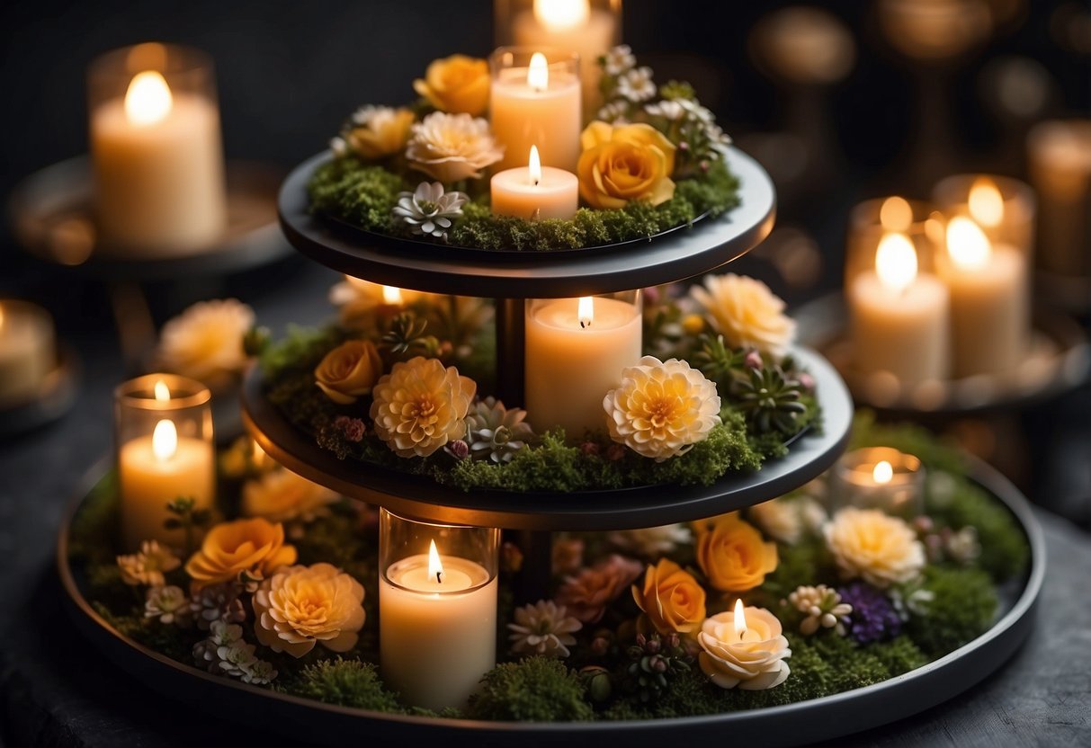 A tiered tray with 22 levels, each adorned with decorative items such as candles, flowers, and small figurines, creating a visually appealing display