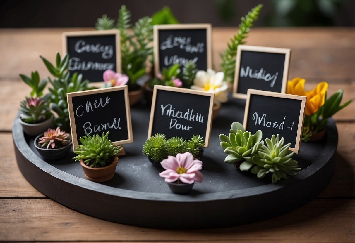 Mini chalkboards arranged on a tiered tray with decorative elements like flowers, greenery, and small figurines. Each chalkboard displays a unique message or design