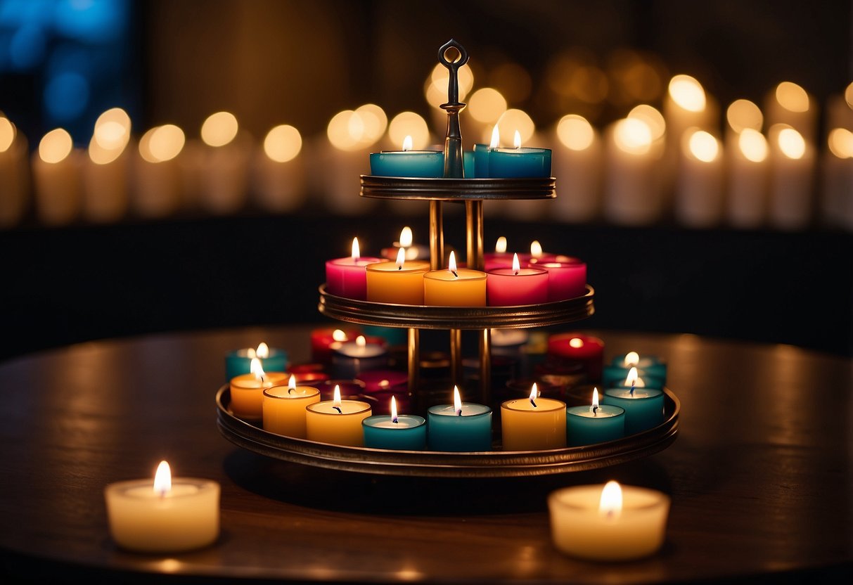 A tiered tray holds 22 small candles in various shapes and colors, creating a warm and inviting ambiance. The candles are arranged in a visually appealing manner, with some placed in decorative holders and others standing alone