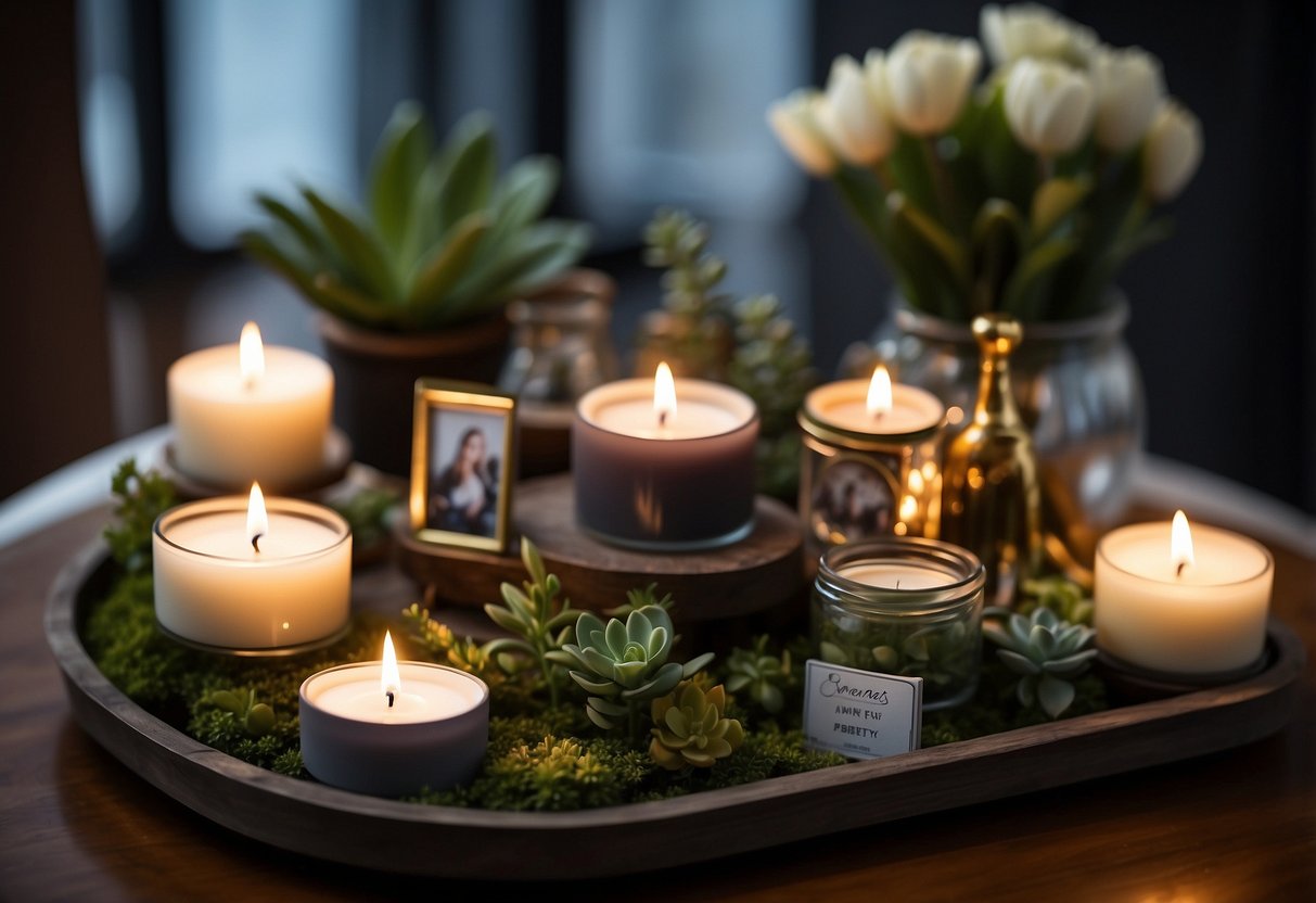 A tiered tray adorned with mini picture frames, arranged with various decorative items such as candles, plants, and small figurines