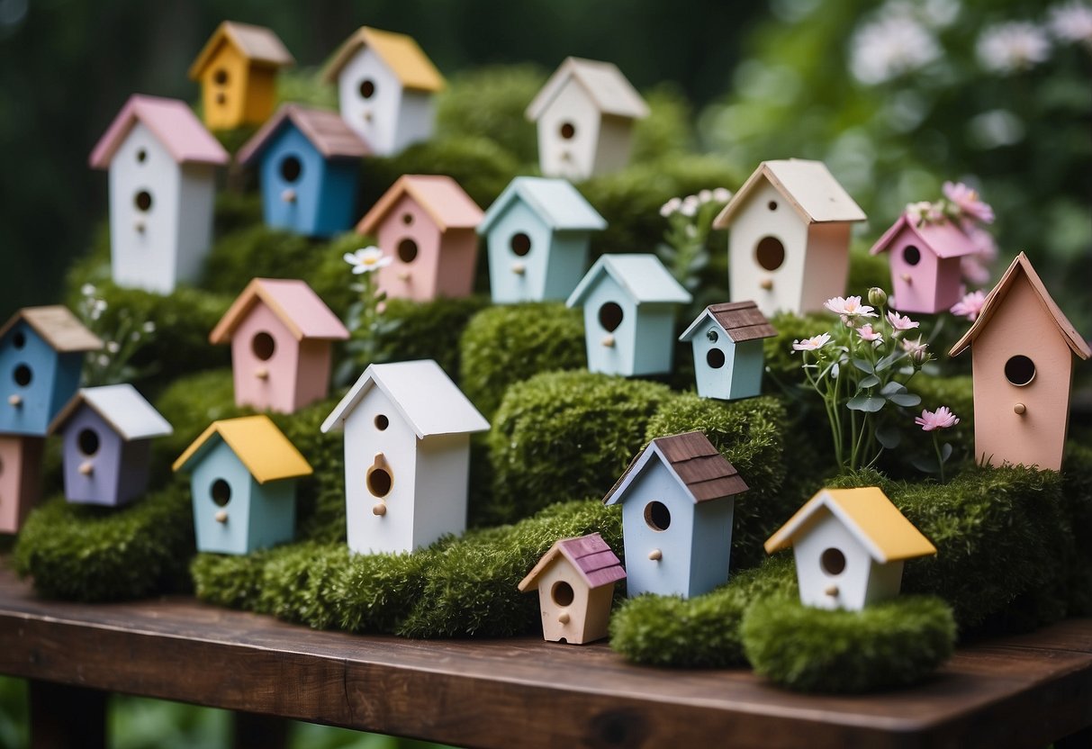 A tiered tray adorned with 22 tiny birdhouses of various shapes and colors, nestled among greenery and delicate flowers